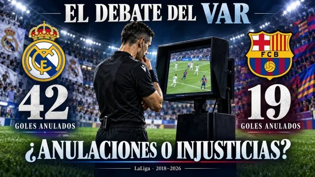 Portada del debate sobre el VAR: 42 goles anulados al Real Madrid frente a 19 al Barcelona, con un árbitro revisando el monitor