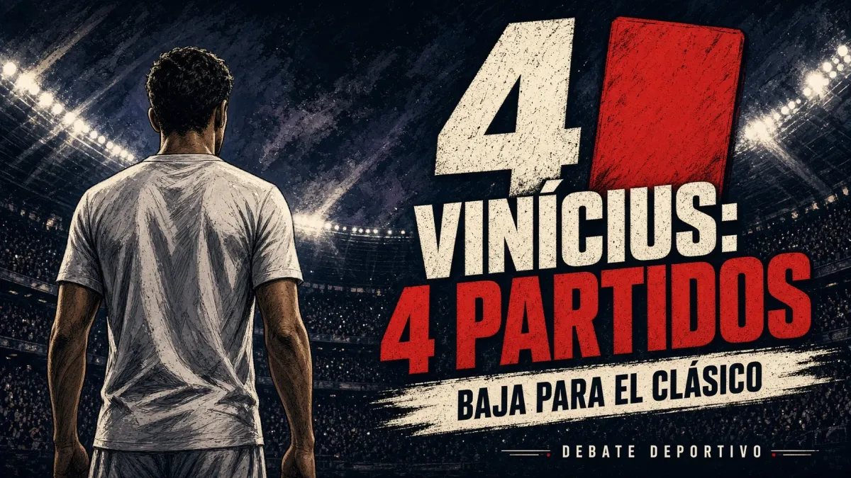Ilustración simbólica sobre los cuatro partidos de suspensión impuestos a Vinícius y su ausencia del Clásico con la resolución vigente.