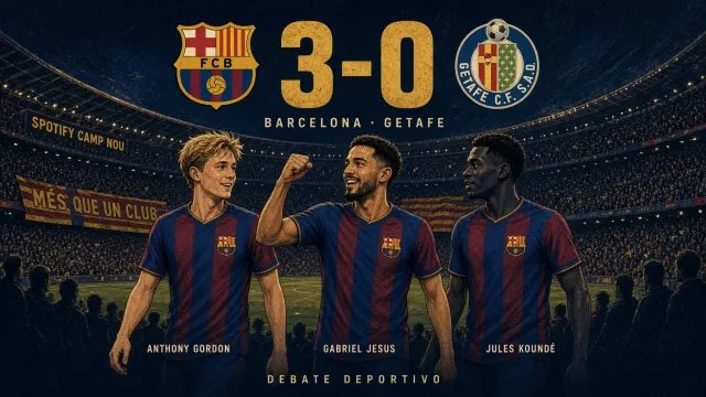 Ilustración del triunfo del Barcelona por 3–0 ante el Getafe, con los escudos de ambos clubes