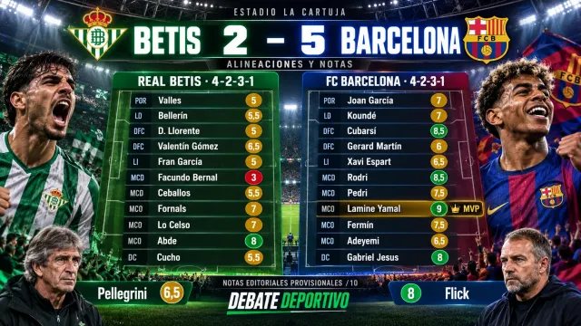 Portada del Betis 2–5 Barcelona con los onces titulares, sus notas editoriales provisionales y Lamine Yamal destacado como MVP.