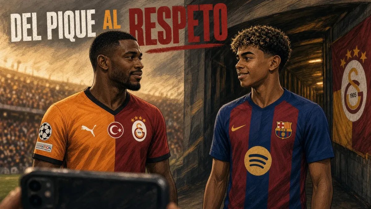 Recreación ilustrada del acercamiento entre Lemina y Lamine Yamal después del partido en Estambul.