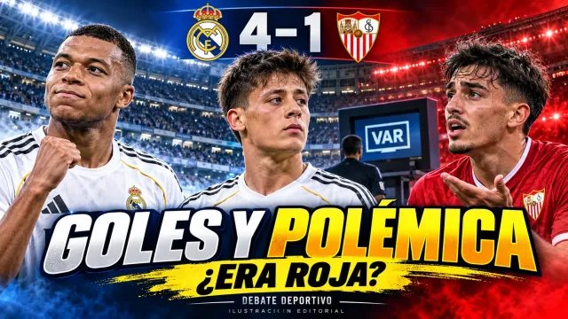 Ilustración editorial de Mbappé, Güler y Peque tras el Real Madrid 4–1 Sevilla, con el debate «¿Era roja?»